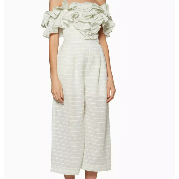 Acler Ruffled Off Shoulder Jumpsuit Size 2 Mint Green Pockets Cropped Wide Leg - Picture 3 of 14